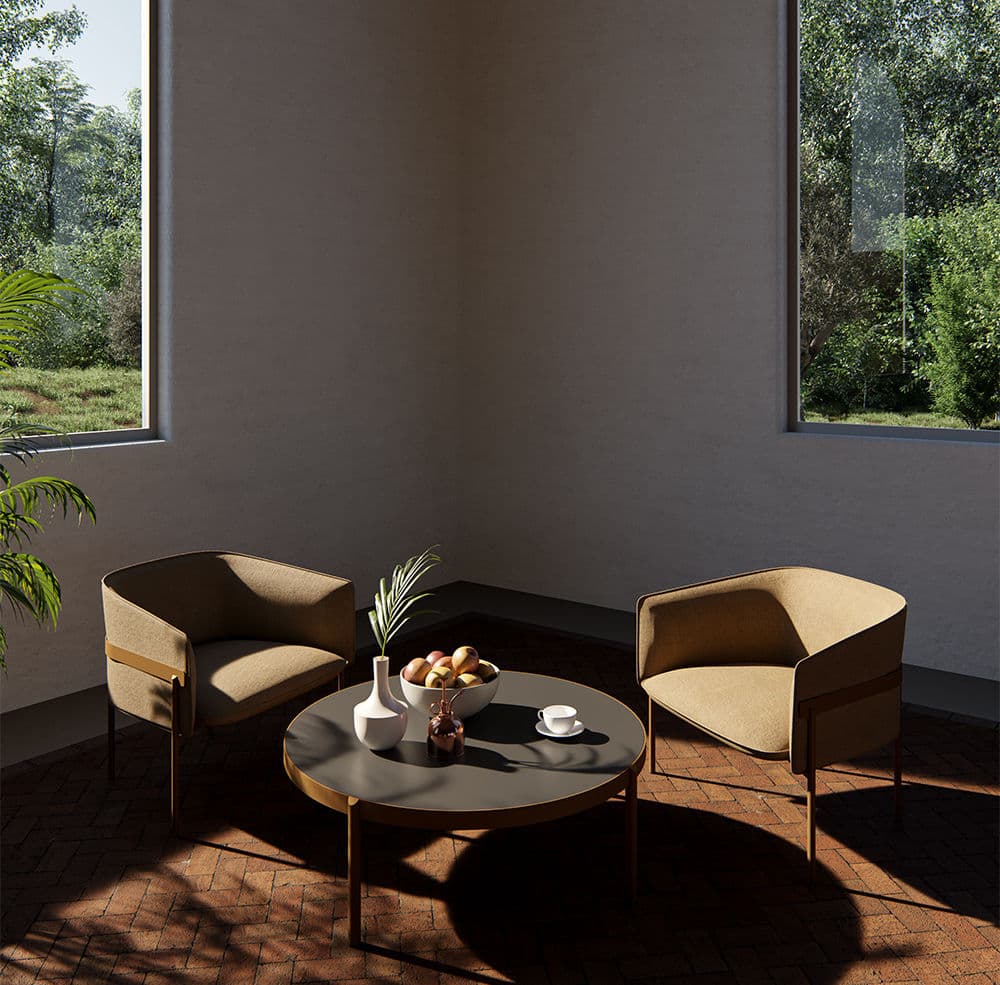 Warm interior lounge with two chairs beside a round table